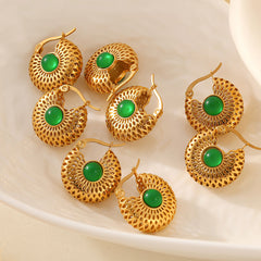 18K Gold-Plated Green Glass Round Earrings