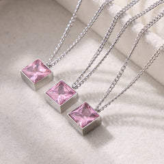 Pink Square Cubic Zirconia Pendant Necklace