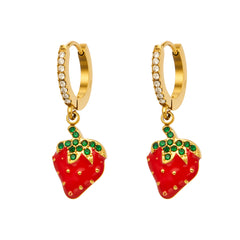 Enamel Strawberry Cubic Zirconia Drop Earrings
