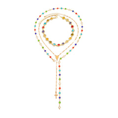 3-Piece Colorful Choker & Cross Lariats Necklace Set