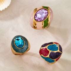 Color Enamel and Oval Glass Statement Rings