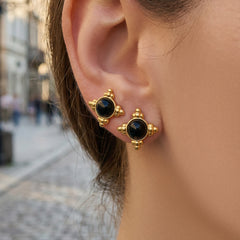 Black Agate Cross-Motif Pendant Necklace & Earrings