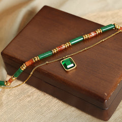 Green Stone & Geometric Pendant Layered Necklace