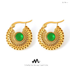 18K Gold-Plated Green Glass Round Earrings
