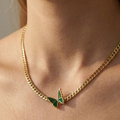 Gold-Tone Green Butterfly Pendant Chain Necklace