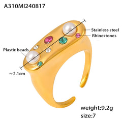 18K Gold-Plated Pearl-Look & Colorful Stone Open Ring