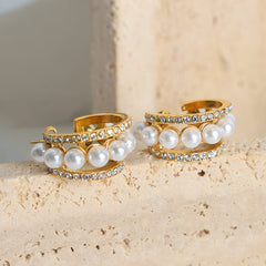Pearl-Look & Clear Stone Open Hoop Earrings