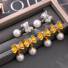 Bow Stud Pearl-Look Drop Earrings