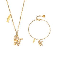 18K Gold-Plated Cat and Fishbone Charm Jewelry