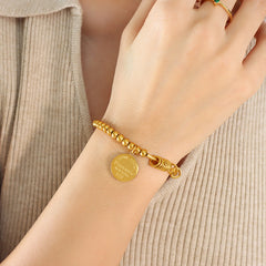 Gold-Tone Beaded Disc Charm Stretch Bracelet