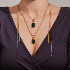 Tiger Eye and Black Agate Long Pendant Necklace