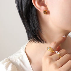Square Color-Stone Stud Earrings