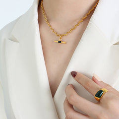 Wavy Chain & Glass Stone Toggle Necklace