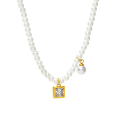 Pearl-Look Bead Geometric Pendant Necklace
