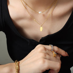 Freshwater Pearl & Oval Tag Layered Necklace