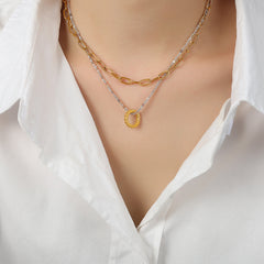 Natural Stone Bead & Paperclip Layered Necklace