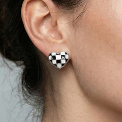 Checkerboard Enamel Heart Stud Earrings