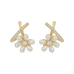 Nicolette Vintage-Inspired Pearl Pavé Floral Stud Earrings