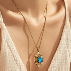 Blue Glass & Cubic Zirconia Oval Pendant Necklace