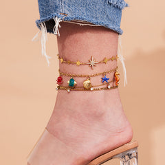 Layered Chain & Stone Charm Anklets