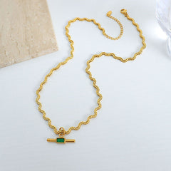 Wavy Chain & Glass Stone Toggle Necklace