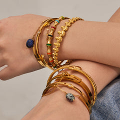 18K Gold-Plated Bamboo and Stone Detail Bangle Bracelet