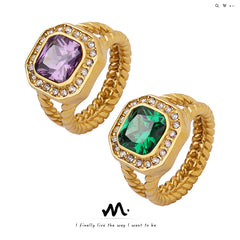 Purple Cubic Zirconia & Green Glass Statement Rings