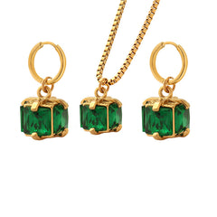 Green Cubic Zirconia Pendant Necklace & Hoop Earrings