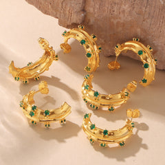 18K Gold-Plated Green Glass C-Hoop Earrings