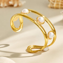 18K Gold-Plated Openwork Faux Pearl Cuff