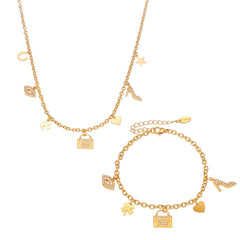 Lock & Flower Charm Necklace & Bracelet