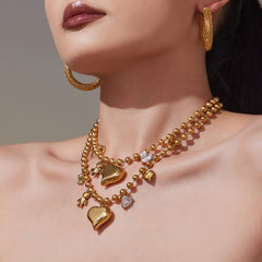 18K Gold-Plated Heart and Bear Charm Beaded Necklace