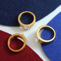 18K Gold-Plated Ribbed Cubic Zirconia Band Ring