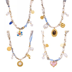 Fabric Scarf-Style Mixed Charm Necklace