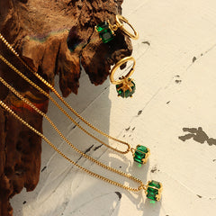 Green Cubic Zirconia Pendant Necklace & Hoop Earrings