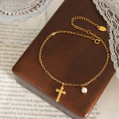 Cross and Pearl-Look Charm Anklet