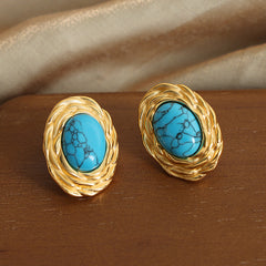 Gold-Tone Blue Stone Oval Stud Earrings