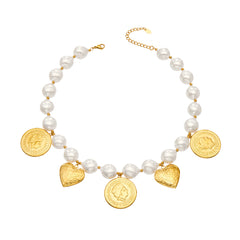 Pearl-Look Heart and Coin Charm Necklace