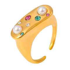 18K Gold-Plated Pearl-Look & Colorful Stone Open Ring