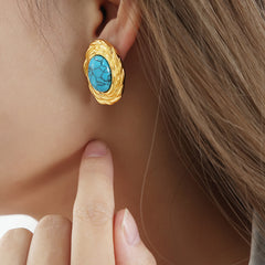 Gold-Tone Blue Stone Oval Stud Earrings
