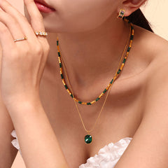 Green Beaded Layered Pendant Necklace