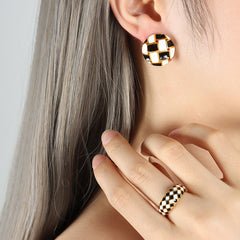 Checkerboard Enamel Heart or Round Stud Earrings