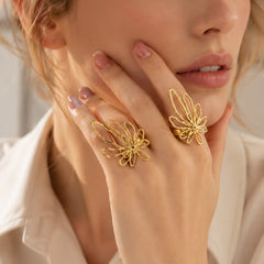 18K Gold-Plated Openwork Flower Statement Ring