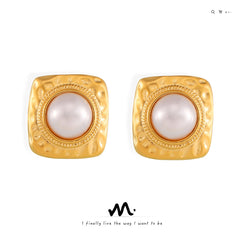 18K Gold-Plated Square Pearl-Look Stud Earrings