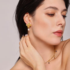 Textured Floral Freshwater Pearl Drop Earrings