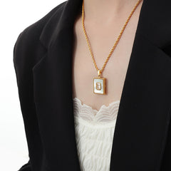 White Shell and Cubic Zirconia Rectangle Necklace