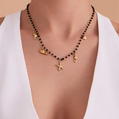 Black Crystal Bead Ocean Charm Necklace