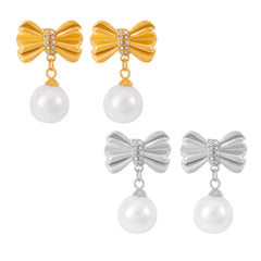 Bow Stud Pearl-Look Drop Earrings