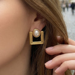 18K Gold-Plated Geometric Pearl-Look Stud Earrings