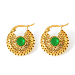 18K Gold-Plated Green Glass Round Earrings